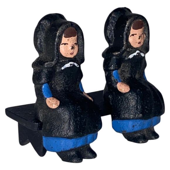 Vintage John Wright Cast Iron Amish 2 Girls on Bench 1997 Hand Painted Figurines - Picture 3 of 10